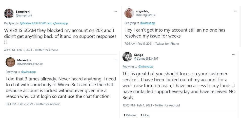 Wirex customer complaints on Twitter